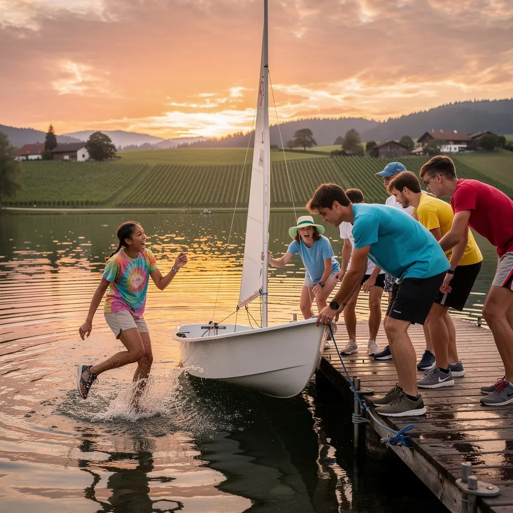 Ein erfahrener Segeltrainer, der auf einem Boot steht und den Schülern wertvolle Tipps zum Regattasegeln gibt.