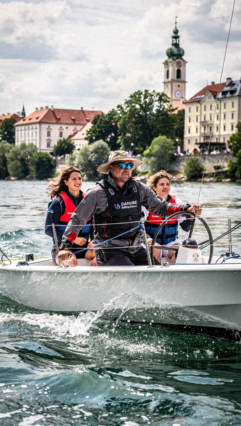 Ein Segelboot, das sanft über ruhige Gewässer gleitet und von einer malerischen Alpenkulisse umgeben ist.