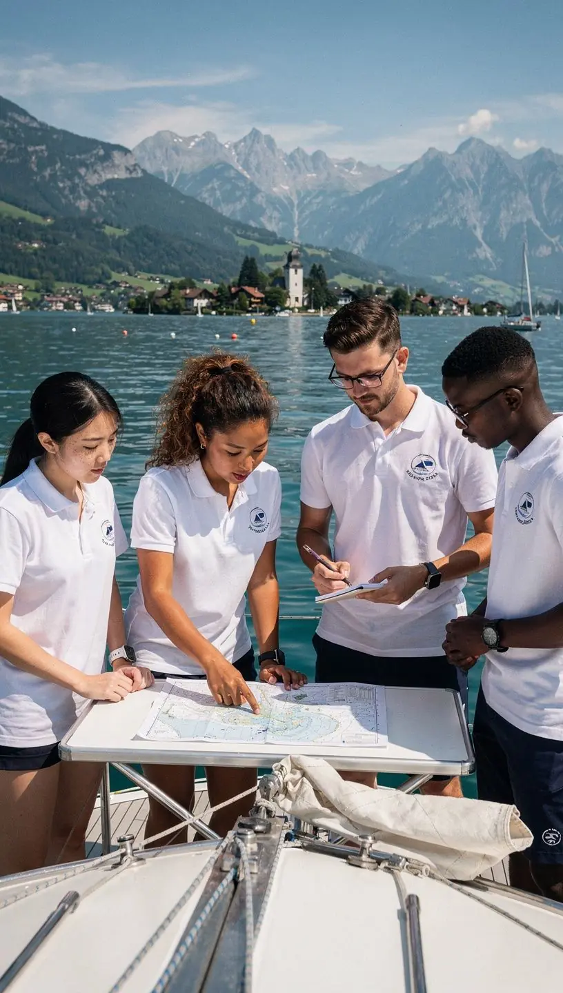 Eine Gruppe von Segelschülern, die konzentriert an einem Navigationsgerät arbeiten und wichtige Techniken erlernen.