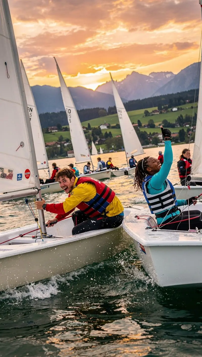 Eine Gruppe von Segelschülern, die auf einem Boot die Grundlagen der Navigation erlernen.
