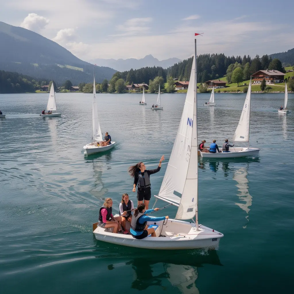 Eine Gruppe von Segelschülern, die auf einem Boot die Grundlagen der Navigation erlernen.
