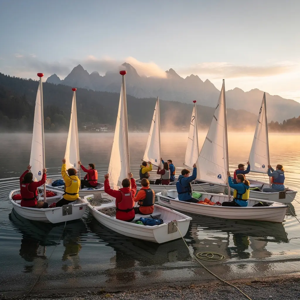 Eine Gruppe von Segelschülern, die auf einem Boot die Grundlagen der Navigation erlernen.