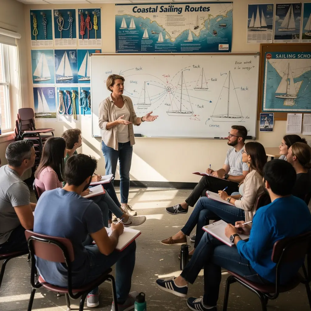 Eine Gruppe von Segelschülern, die auf einem Boot die Grundlagen der Navigation erlernen.