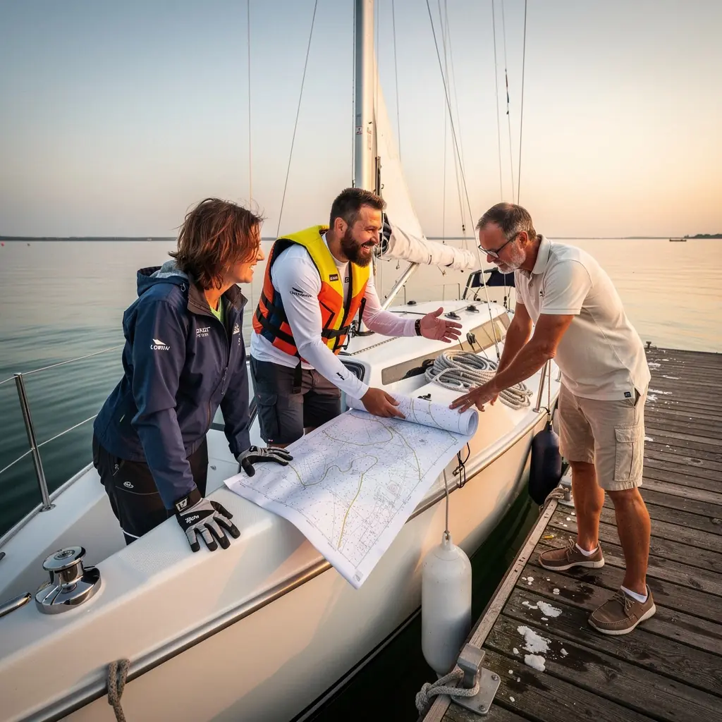 Ein Segelboot, das majestätisch über einen ruhigen See gleitet, umgeben von grünen Hügeln.